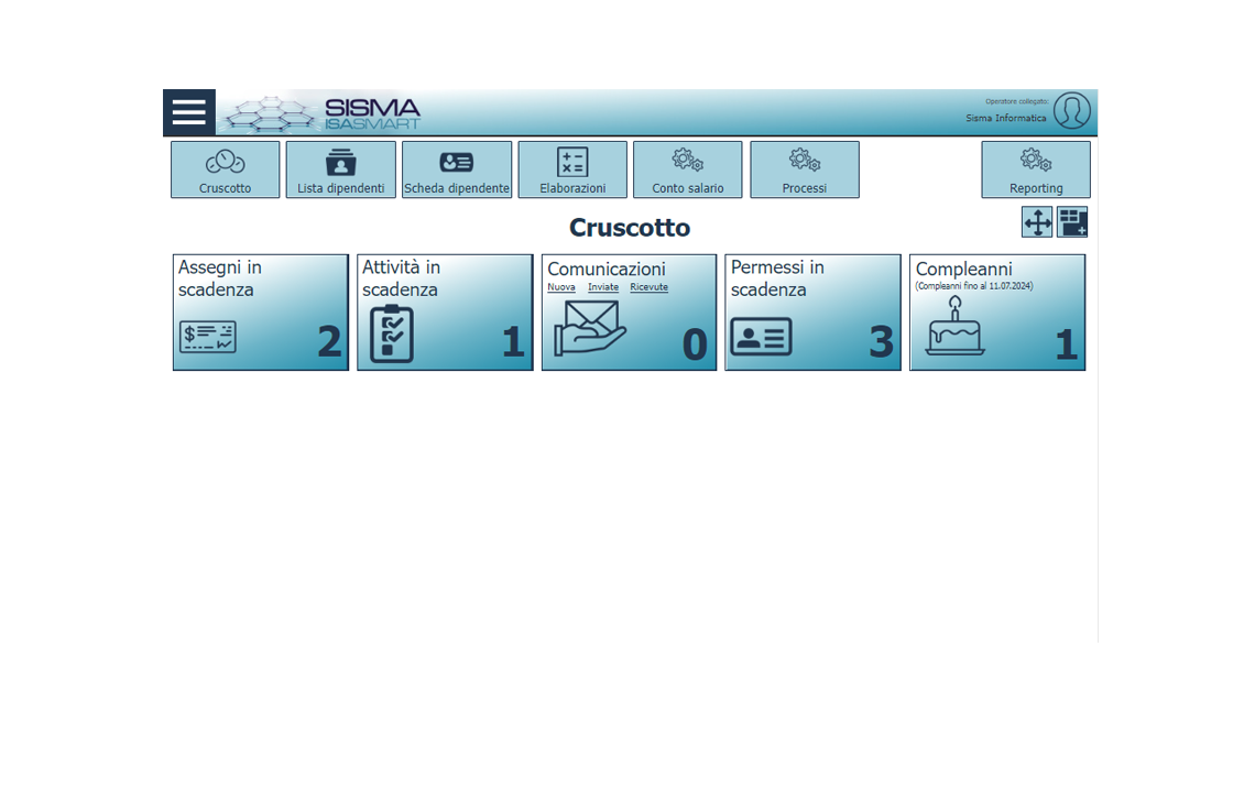 Schermata principale del software dopo aver effettuato il login
